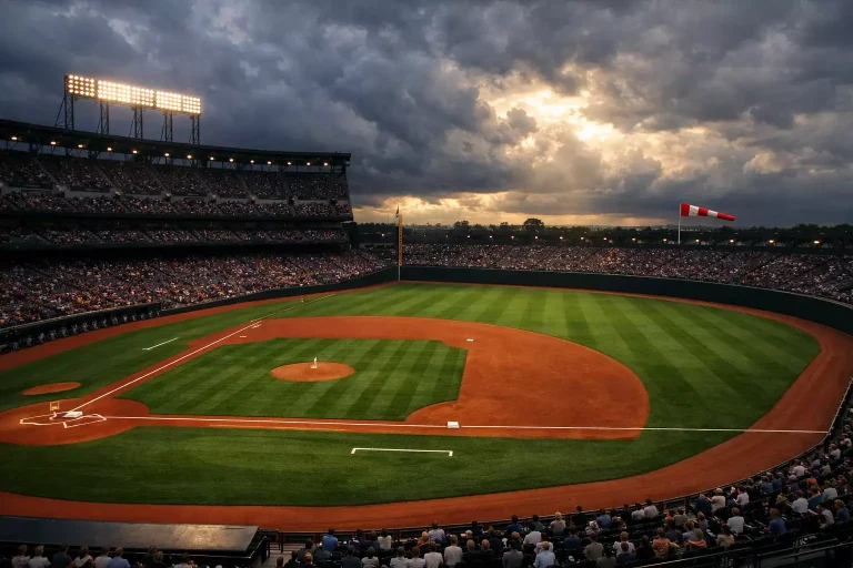 Wetter und Baseball Wetten — Windfahne über einem Open-Air-Baseballstadion bei bewölktem Himmel