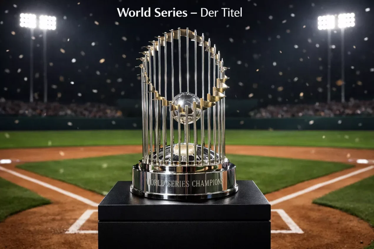 World Series Wetten – World Series Trophäe auf dem Spielfeld im Stadionlicht
