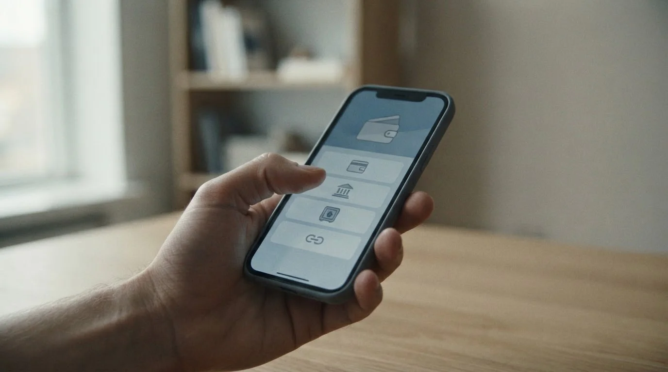 Person wählt digitale Zahlungsmethode auf dem Smartphone aus