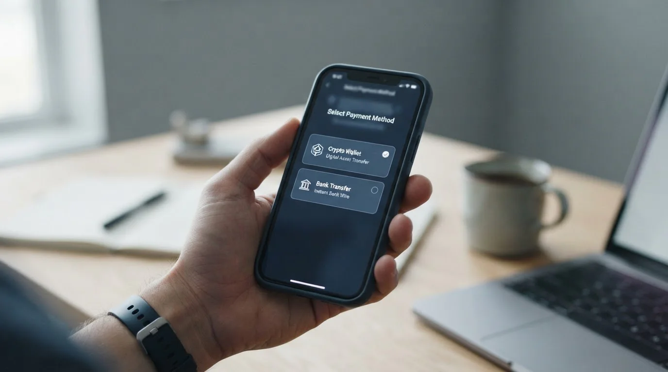 Smartphone zeigt abstrakte Zahlungsoptionen mit Krypto- und Banküberweisungssymbolen