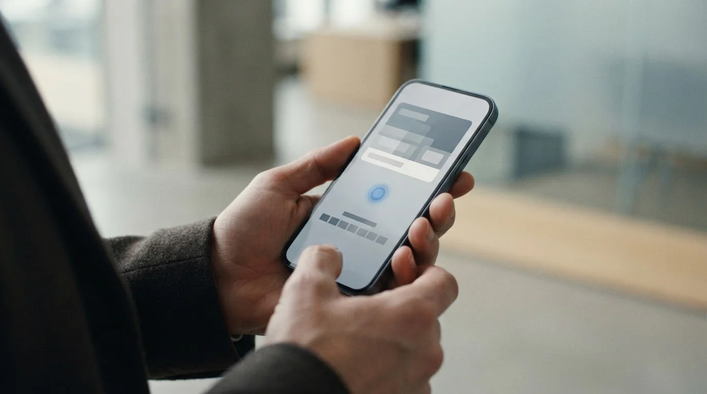 Hände halten ein Smartphone mit abstrakter Zahlungsoberfläche für schnelle Ein- und Auszahlungen